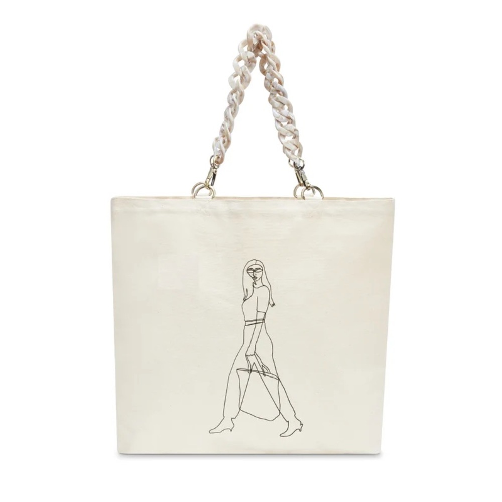 Cream Chain-Handle Tote Bag with Line-Illustration